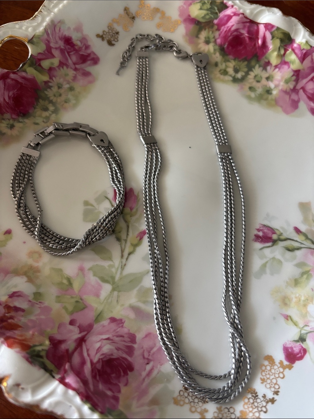 Silver Tone Multi-Strand Silver Necklace and Bracelet Set—heart lock detail